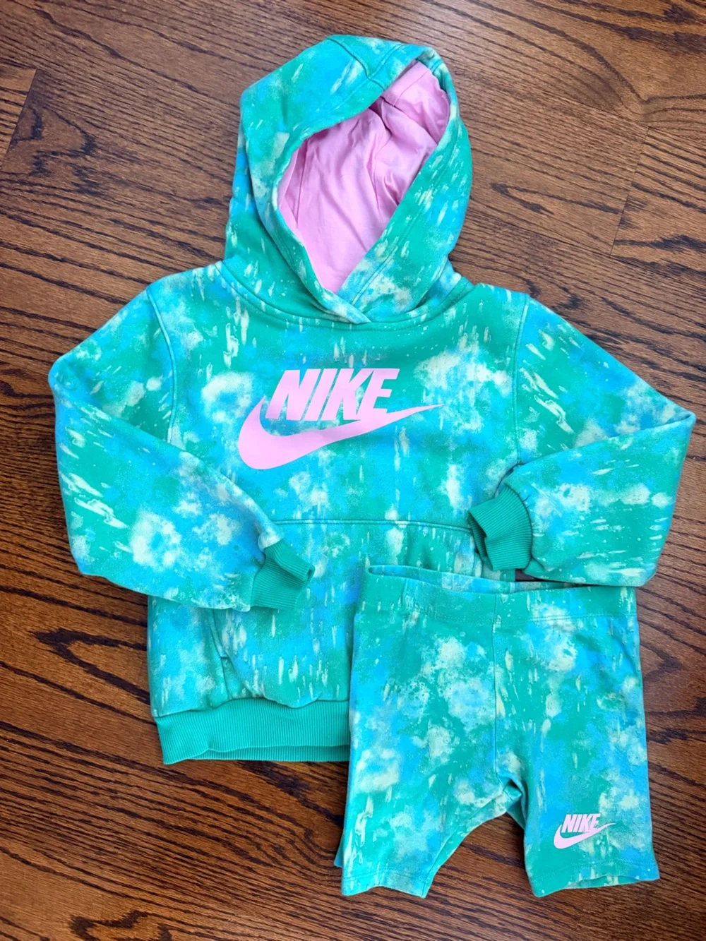 Nike Kids Teal Tie-Dye Hoodie with Pink Logo